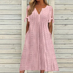 Lace Ruched Hollow Out Midi Dress Women Pleated Short Sleeve V-Neck Button Elegant Summer Fashion