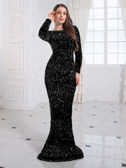 Royal Blue Long Sleeve Sequin Mermaid Dress Women Bodycon Floor Length Elegant Evening Party