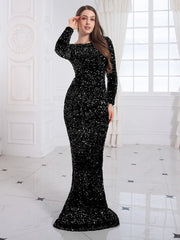 Royal Blue Long Sleeve Sequin Mermaid Dress Women Bodycon Floor Length Elegant Evening Party