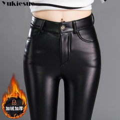 Faux Leather Pants Women High Stretch Shiny Slim Pencil Vegan Leather Trousers Casual Fashion