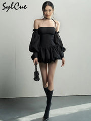 Mini Dress Women Retro Princess Strapless Elegant Avant-Garde Party Dress with Matching Shorts & Sleeves