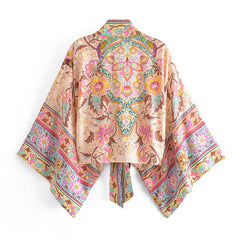 Floral Boho Beach Cover Up Women Vintage Short Sashes Robe Casual Summer Swimwear Fashion