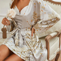 Nightgown Set Women Satin 2-Piece Floral Print Slip Dress Matching Robe Pajamas Nightwear Loungewear