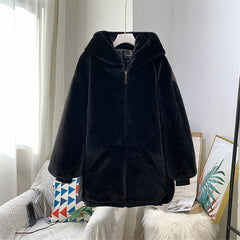 Faux Fur Hooded Coat Women Warm Thick Fleece Zipper Pockets Winter Casual Outerwear Fashion