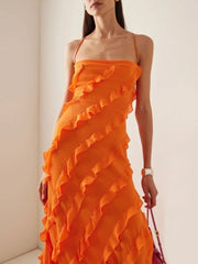 Maxi Dress Women Elegant Side Split Sleeveless Backless Ruffle Formal Evening Wedding Party Spring Summer