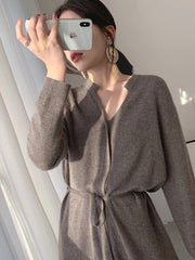 Knit Midi Dress Women Vintage V-Neck Bodycon Elegant Button Office Casual Fashion Dress