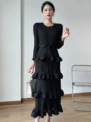 Midi Dress Women Long Pleated 4-Layer Round Neck Solid Ruffle Cake Belt Elegant Cocktail Wedding