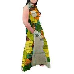 Women's Plus Size Map Print Sleeveless Dress Lapel Casual Maxi Long Dress (L-5XL)