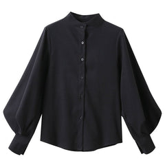 Lantern Sleeve Blouse Women Vintage Single Breasted Button Down Autumn Winter Casual Fashion Top