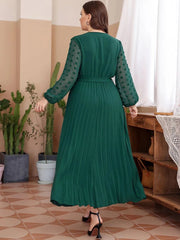 Plus Size Maxi Dress Women V-Neck Lace Mesh Sheer Long Sleeve Chiffon Pleated High Waist Party