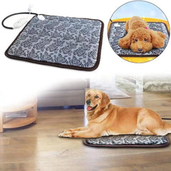 Heated pet mat with a dog lying on it, showing its use.
