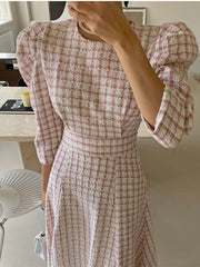 Midi Dress Women Chic French Tweed Pink Plaid Long Boutique Fashion Elegant Spring Summer Dress