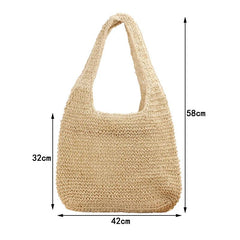 Beige woven handbag with dimensions indicated on a white background