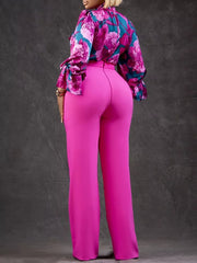 Pant Set Women Plus Size 2-Piece Floral Print Long Sleeve Blouse Shirt Pants Casual Suit Outfit