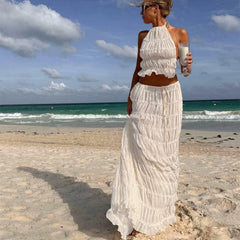 Halter Crop Top & Maxi Skirt Set - white