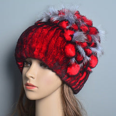 Rex Rabbit Fur Beanie Women Genuine Real Fur Striped Flower Warm Knit Winter Hat Cap