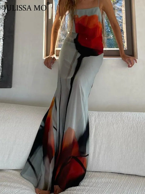 Maxi Dress Women Spaghetti Strap Floral Print Backless Chic Sheer Beach Holiday Summer Casual Dress