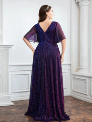 Plus Size Sequin Prom Dress Women Plunging Neck Butterfly Sleeve Glitter Bridesmaid Wedding Party