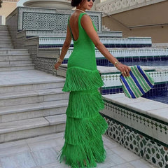 Maxi Dress Women Knit Slim High Waist Sleeveless Patchwork Cascading Tassel Elegant Fashion Summer