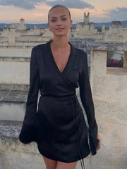 Shirt Dress Women Black Satin V-Neck Flare Sleeve Lace-Up Elegant Mini Party Spring Fall Fashion