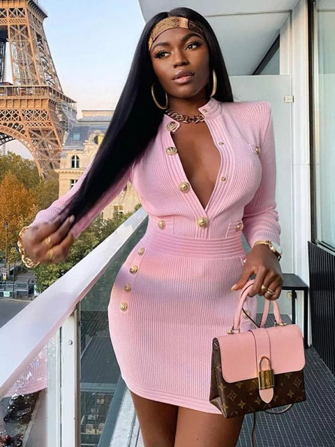 Mini Dress Women Long Sleeve Key Hole Button Pink Bodycon Bandage Elegant Evening Club Party Winter