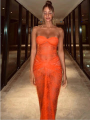 Maxi Dress Women Strapless Backless Lace Hollow Out Mesh Ruched Off-Shoulder Sheer Summer Party Dress