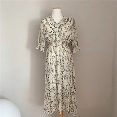 Floral Chiffon Maxi Dress Women Vintage Slim Elastic Waist A-Line V-Neck Elegant Office Spring Summer