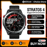 Zeblaze Stratos 4 rugged GPS smartwatch with features listed on an orange and black background.