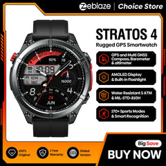 Zeblaze Stratos 4 rugged GPS smartwatch with features listed on an orange and black background.