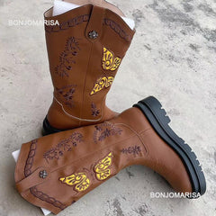 Cowboy Boots Women White Western Chunky Heel Pointed Toe Casual Chic Fashion Shoes