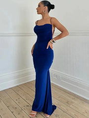 Maxi Dress Women Elegant Chic Backless Sleeveless Slash Neck High Waist Bodycon Party Spring Summer