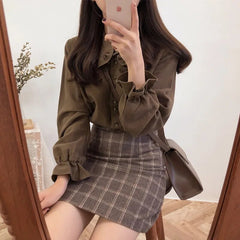 Blouse Women Vintage Preppy Flare Sleeve Peter Pan Collar White Button Girls Casual Fashion Top