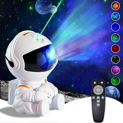 Astronaut toy with a remote control projecting colorful lights against a space-themed background.