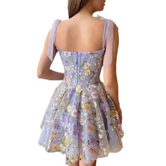 Maxi Dress Women 3D Flower Embroidered Tulle Lace Strap Elegant Formal Evening Prom Holiday Dress
