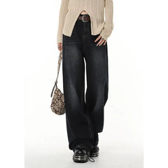 Jeans Women Navy Blue High Waist Vintage Wide Leg Baggy American Streetwear Denim Trouser Fashion