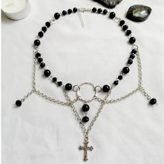 Black Angel Fairy Core Cross Charm Necklace Women Crystal Onyx Choker Fashion Jewelry Gift