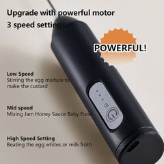Black handheld mixer with text on speed settings and power features.