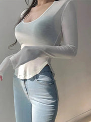T-Shirt Women Y2K Long Sleeve Slim Fit Casual Streetwear Fashion Crop Top Everyday Tee