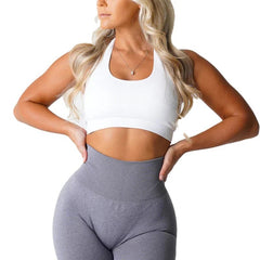 Sports Bra Women Ribbed Seamless Halter Spandex Elastic Breathable Breast Enhancement Fitness Top