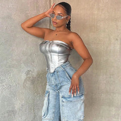Bustier Top Women PU Corset Fashion Party Nightclub Tank Cami Trendy Outfit Streetwear