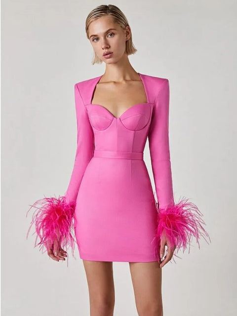 Mini Dress Women Long Sleeve Feather Hot Pink Black Bodycon Bandage Elegant Evening Party Wedding Guest