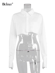 Crop Top Women Elegant Flare Sleeve Asymmetrical Shirt Chic Streetwear Casual Fashion Blouse Top