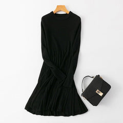 Long Sleeve Knit A-Line Midi Dress Women Loose Patchwork O-Neck Casual Elegant Fashion Dress