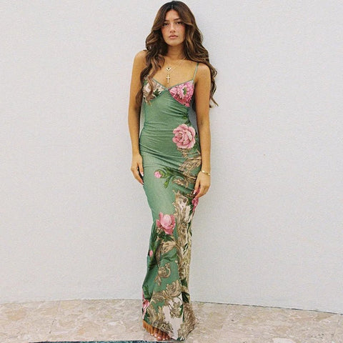 Maxi Dress Women Sleeveless Floral Print Spaghetti Strap Chic Beach Party Club Summer Dress