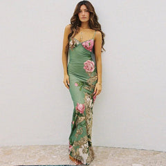 Maxi Dress Women Sleeveless Floral Print Spaghetti Strap Chic Beach Party Club Summer Dress