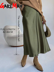 High Waist Midi Skirt Women Long Satin Elegant A-Line Solid Vintage Office Casual Fashion Skirt