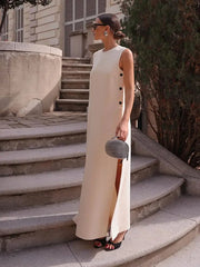 Maxi Dress Women Button Side Split Sleeveless Elegant Solid O-Neck Loose Boho Vacation Party Summer