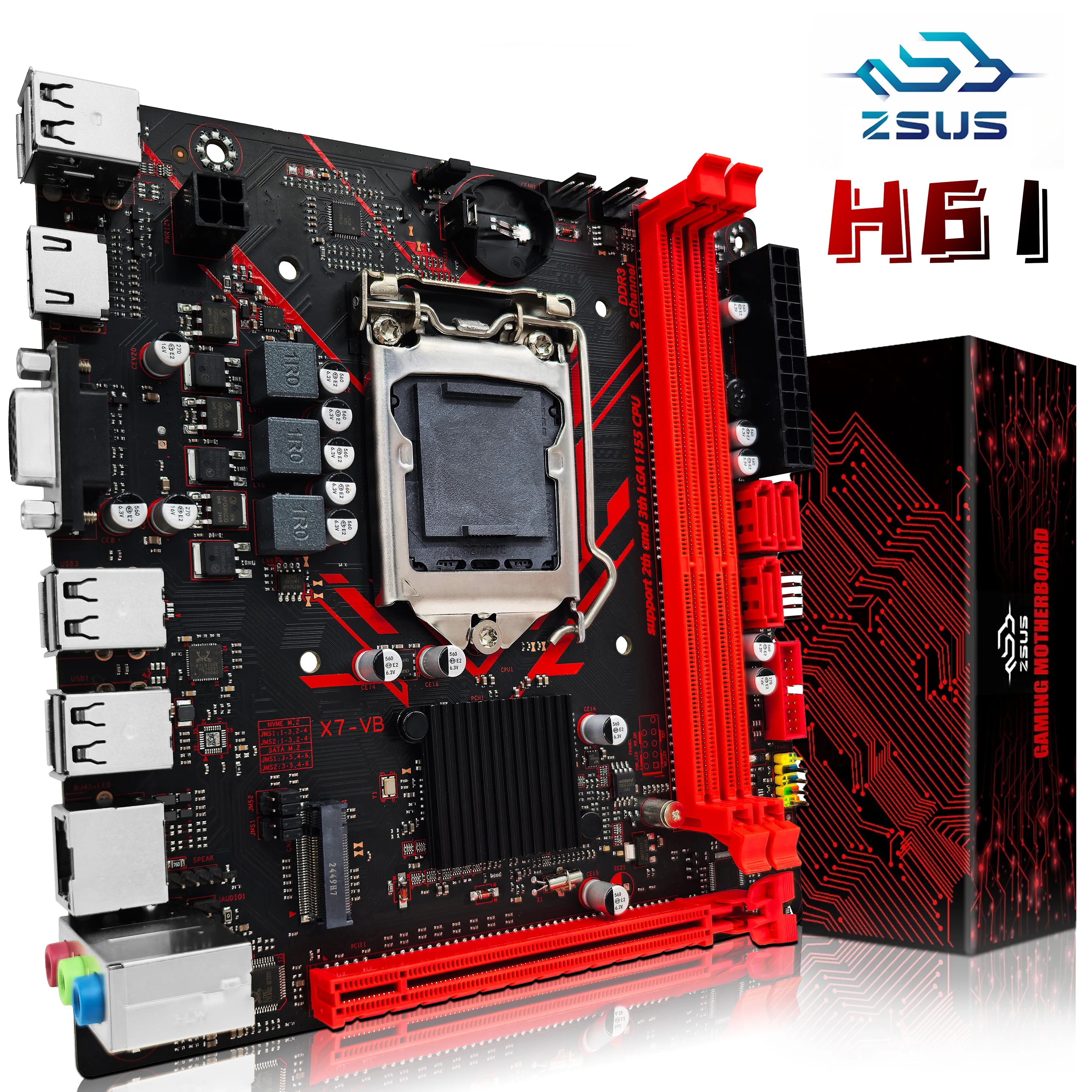 Computer motherboard with red accents and ASUS packaging on a white background