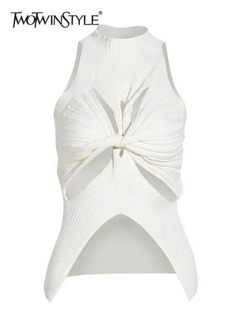 Knit Vest Women Cut Out Round Collar Sleeveless Solid Casual Chic Summer Fashion Top