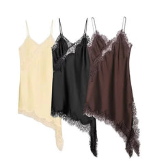 Three lace-trimmed camisoles in beige, black, and brown on a white background